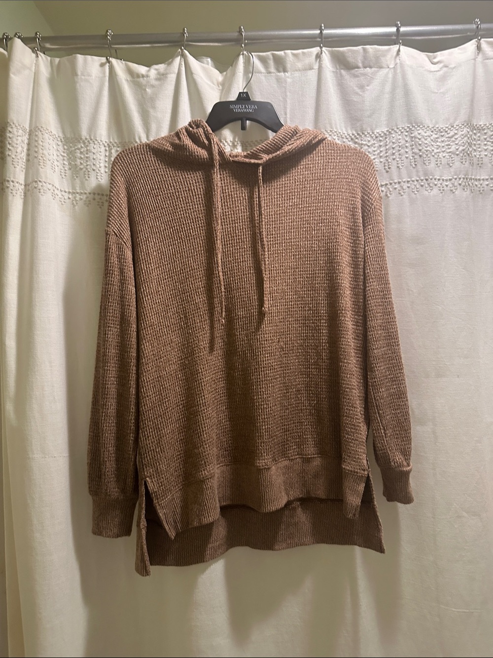 SO Waffle-Knit Hoodie Sweater in Warm Brown